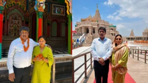अयोध्या के श्रीराम जन्मभूमि मंदिर में वरिष्ठ पत्रकार राकेश सिंह और पारुल सिंह ने देश की उन्नति